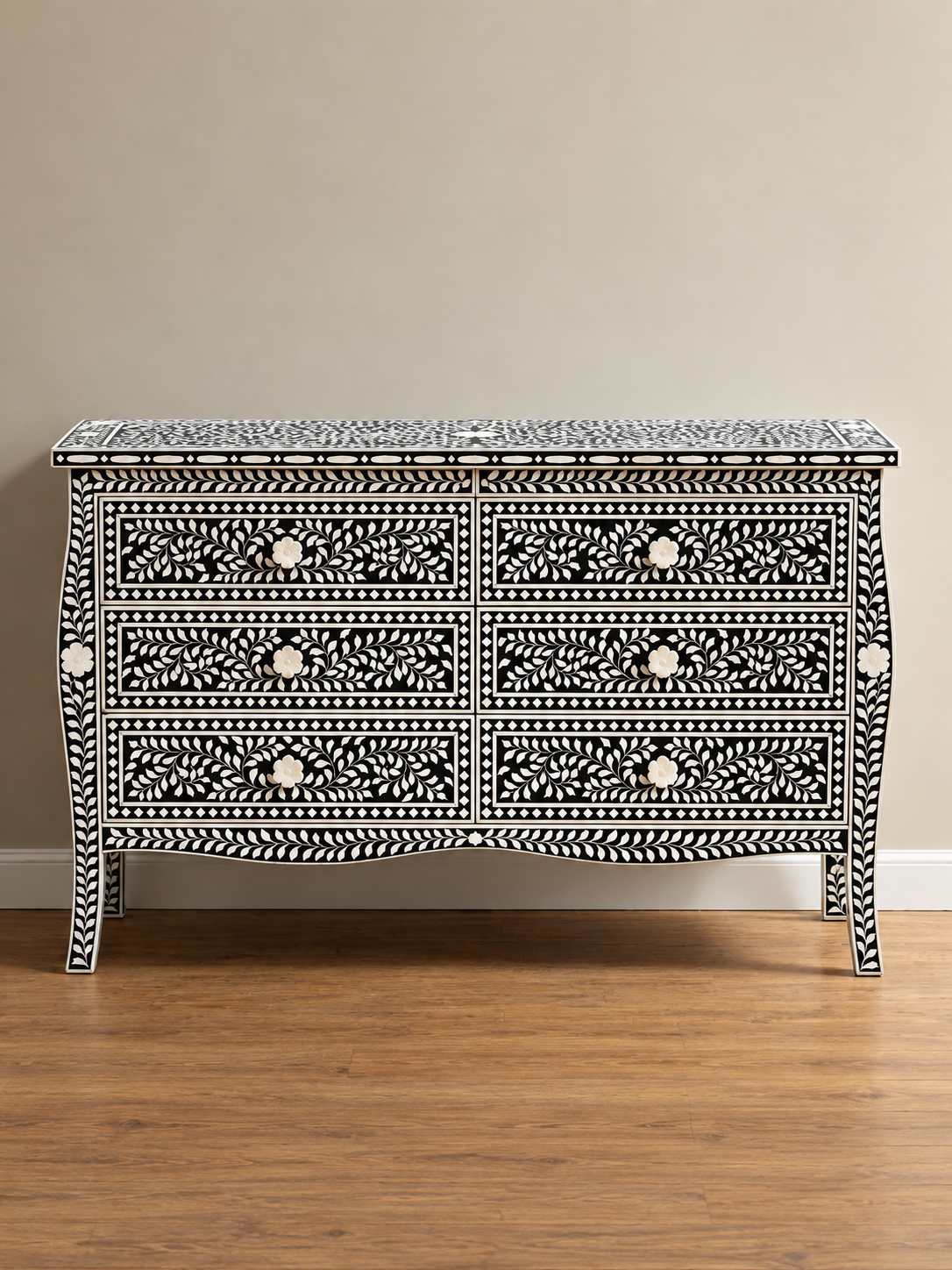 Handmade Black & White Bone Inlay 6 Drawer Dresser – Floral Design