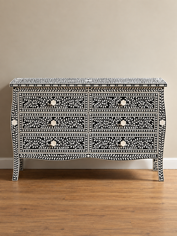 Handmade Black & White Bone Inlay 6 Drawer Dresser – Floral Design