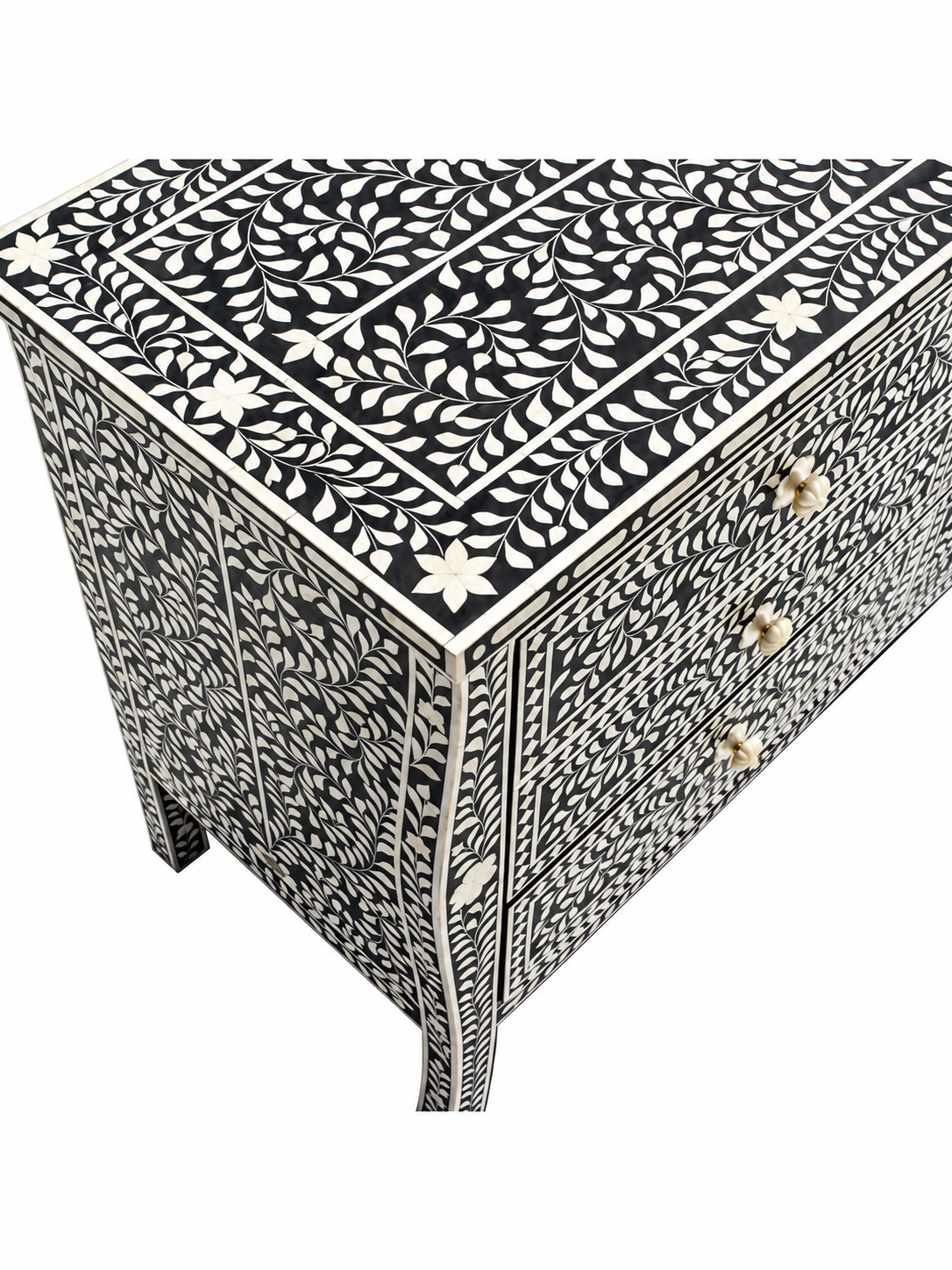 Handmade Black & White Bone Inlay 6 Drawer Dresser – Floral Design