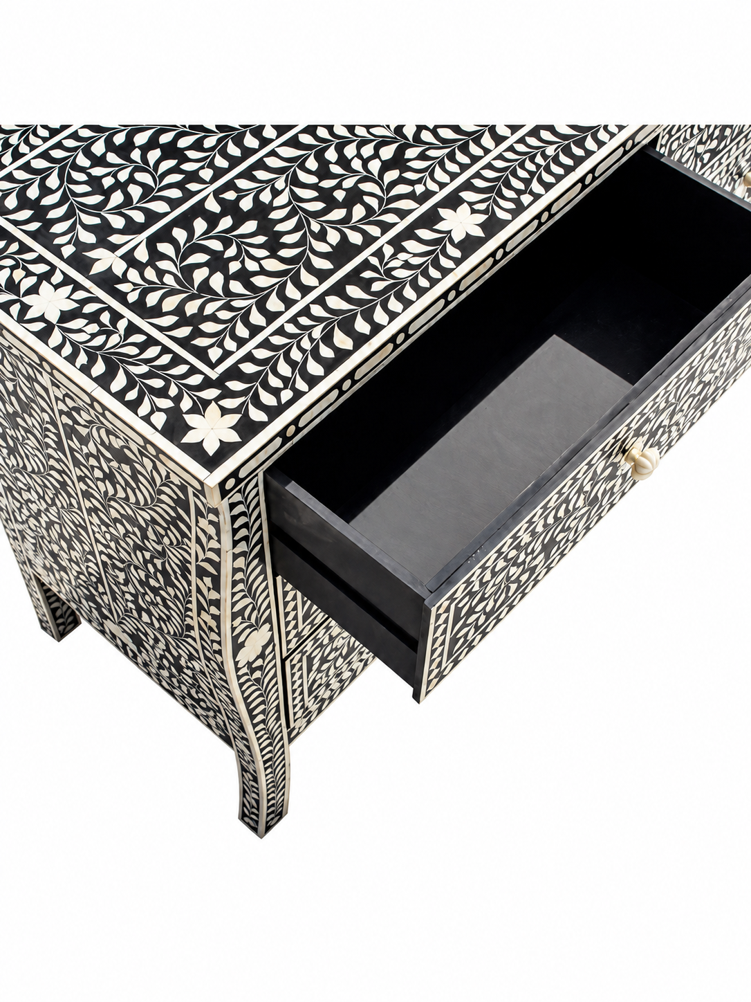 Handmade Black & White Bone Inlay 6 Drawer Dresser – Floral Design