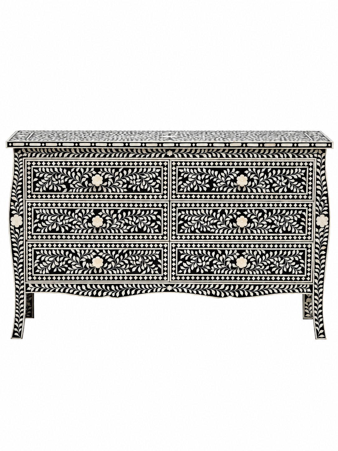 Handmade Black & White Bone Inlay 6 Drawer Dresser – Floral Design