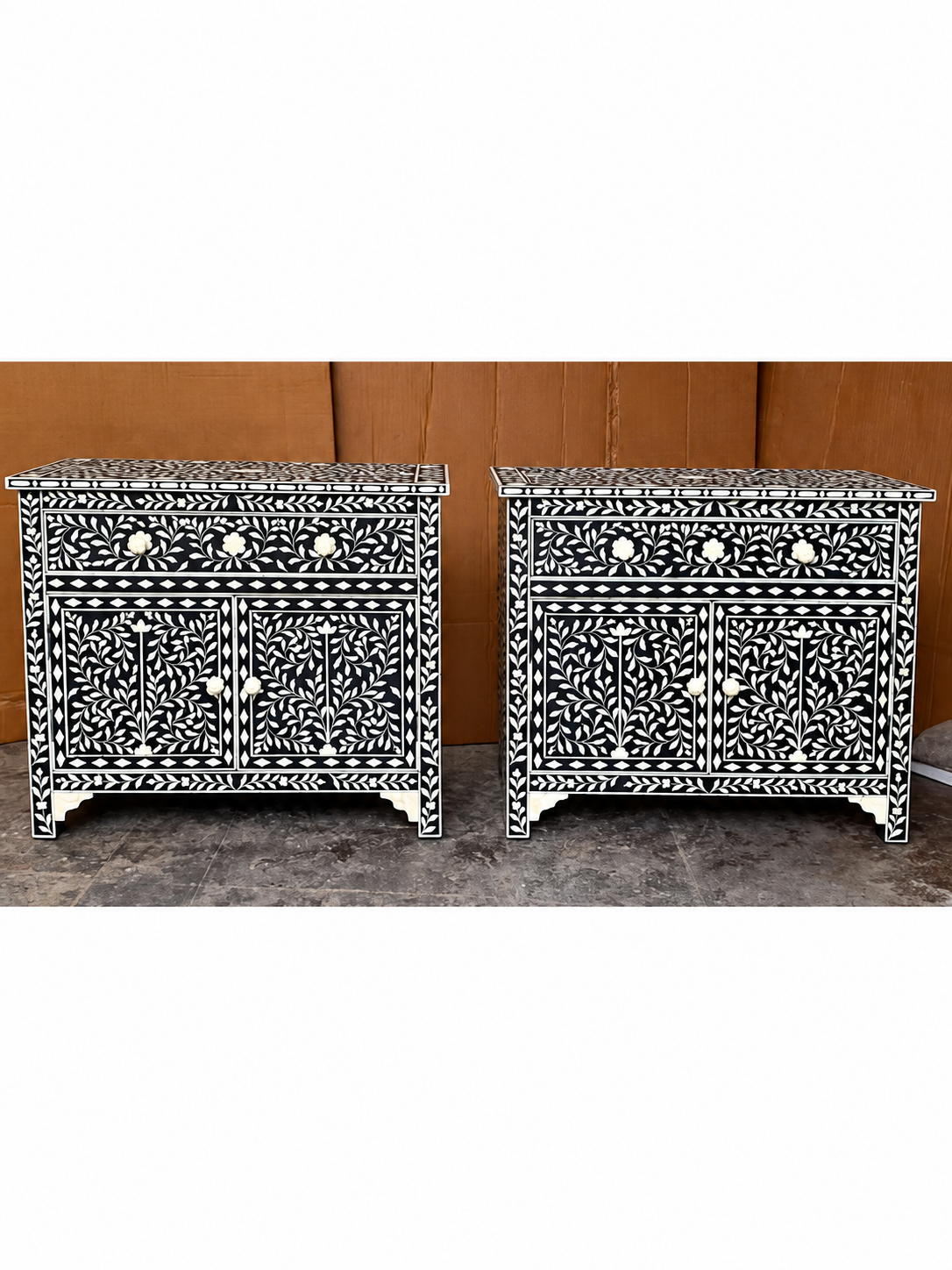 Handmade Black Bone Inlay Sideboard Set of 2 – Floral Storage Cabinets
