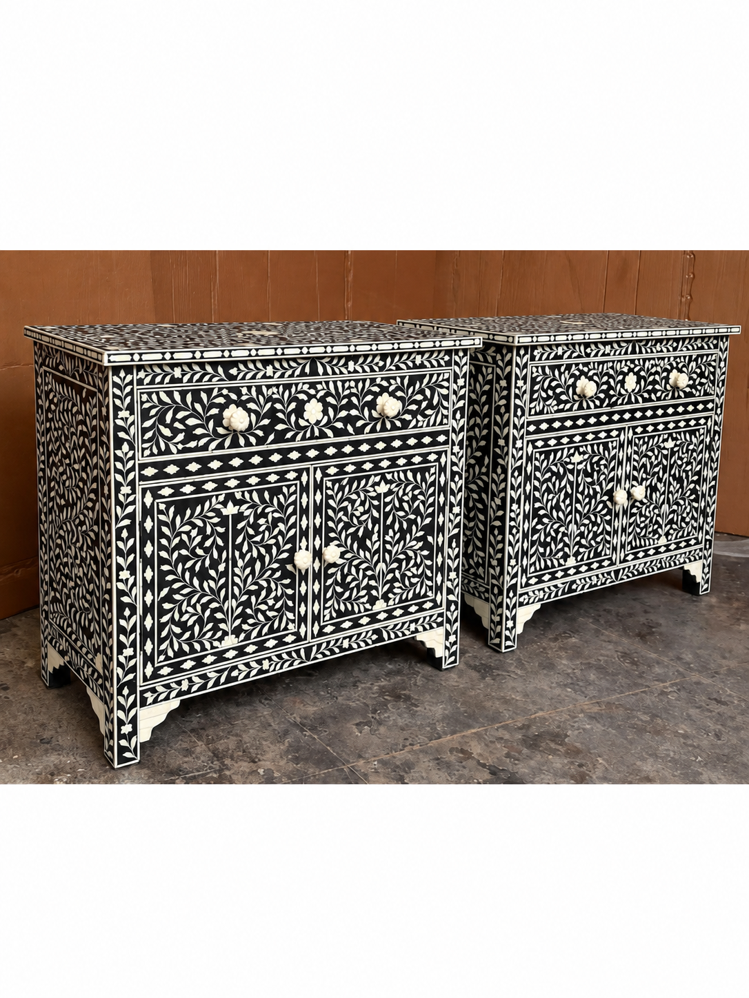 Handmade Black Bone Inlay Sideboard Set of 2 – Floral Storage Cabinets