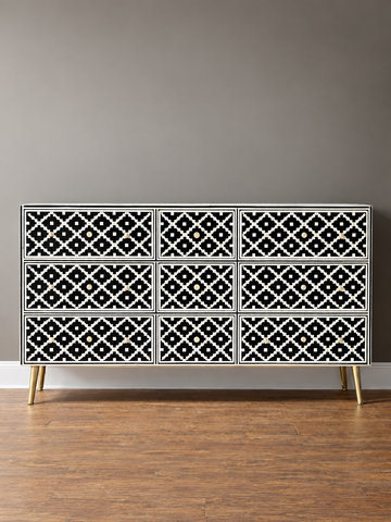 Handmade Black & White Bone Inlay 9 Drawer Dresser – Geometric Design