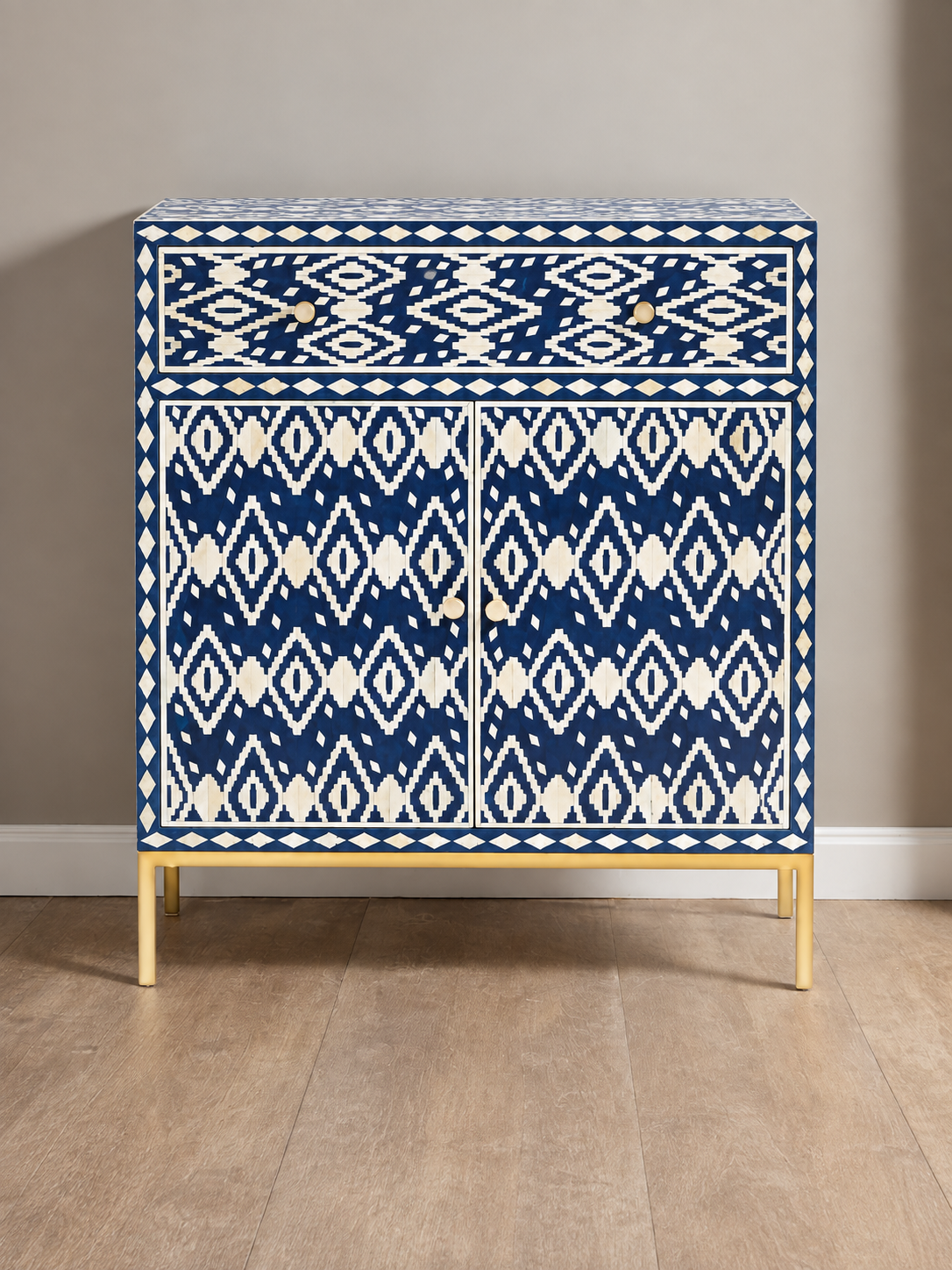 Handmade Blue & White Bone Inlay Cabinet – Geometric 2 Door Storage Cupboard
