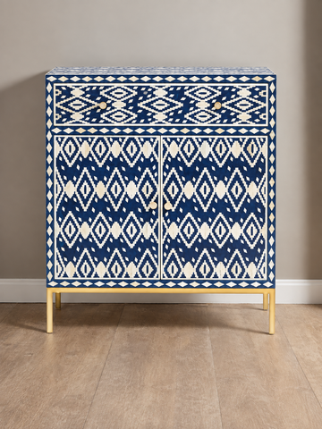 Handmade Blue & White Bone Inlay Cabinet – Geometric 2 Door Storage Cupboard