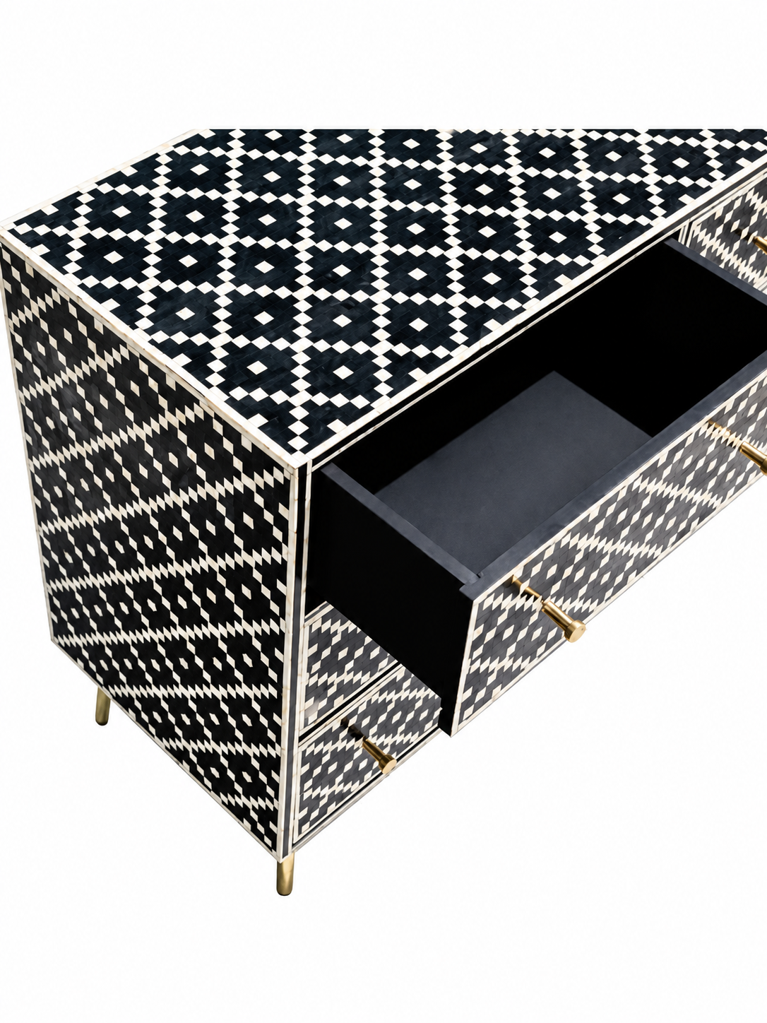 Handmade Black & White Bone Inlay 9 Drawer Dresser – Geometric Design