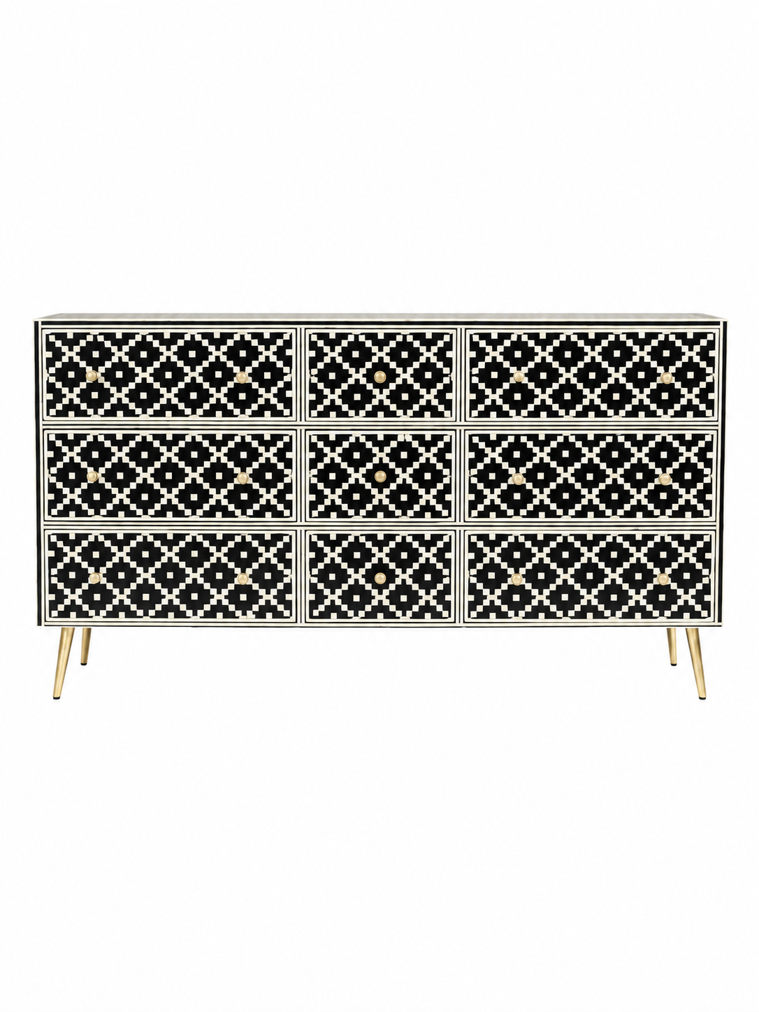 Handmade Black & White Bone Inlay 9 Drawer Dresser – Geometric Design