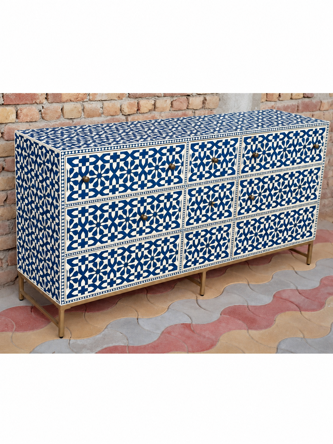 Handmade Blue & White Bone Inlay 9 Drawer Dresser – Arrow Design