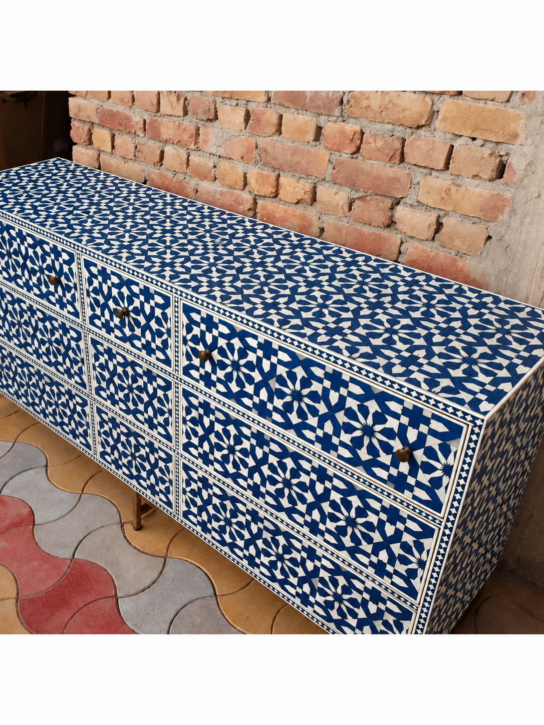Handmade Blue & White Bone Inlay 9 Drawer Dresser – Arrow Design