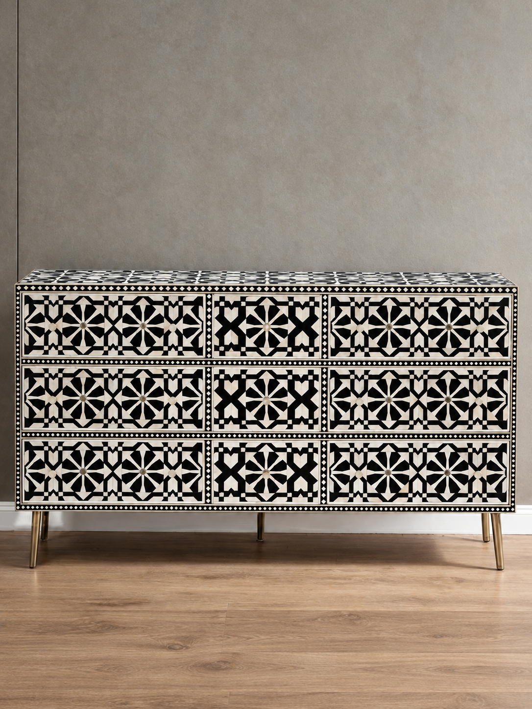 Handmade Black & White Bone Inlay 9 Drawer Dresser – Arrow Design