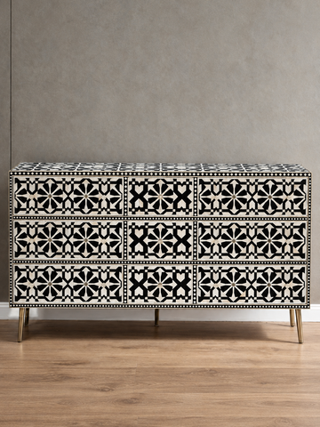 Handmade Black & White Bone Inlay 9 Drawer Dresser – Arrow Design