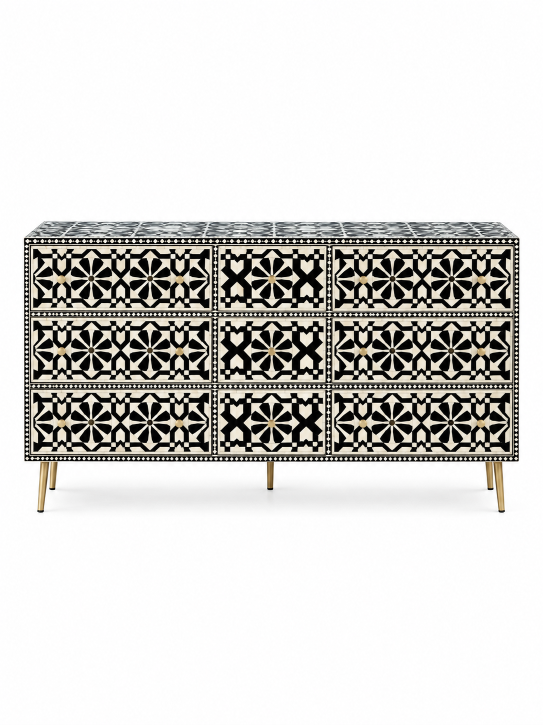 Handmade Black & White Bone Inlay 9 Drawer Dresser – Arrow Design