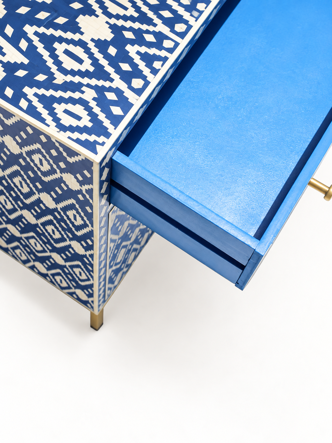 Handmade Blue & White Bone Inlay Cabinet – Geometric 2 Door Storage Cupboard