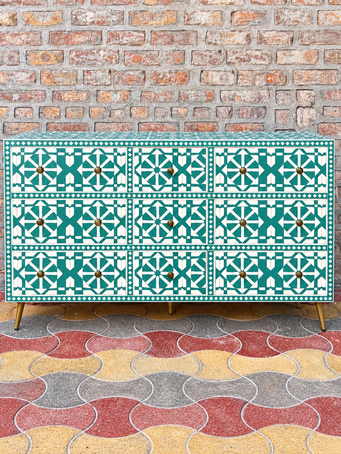 Handmade Green & White Bone Inlay 9 Drawer Dresser – Geometric Arrow Design