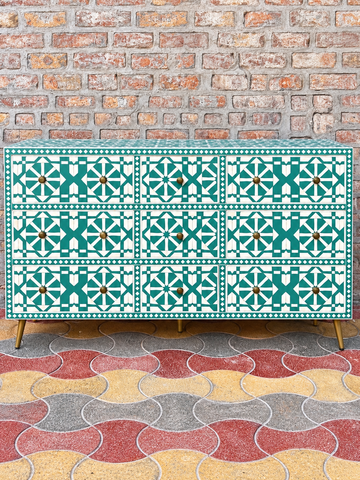 Handmade Green & White Bone Inlay 9 Drawer Dresser – Geometric Arrow Design