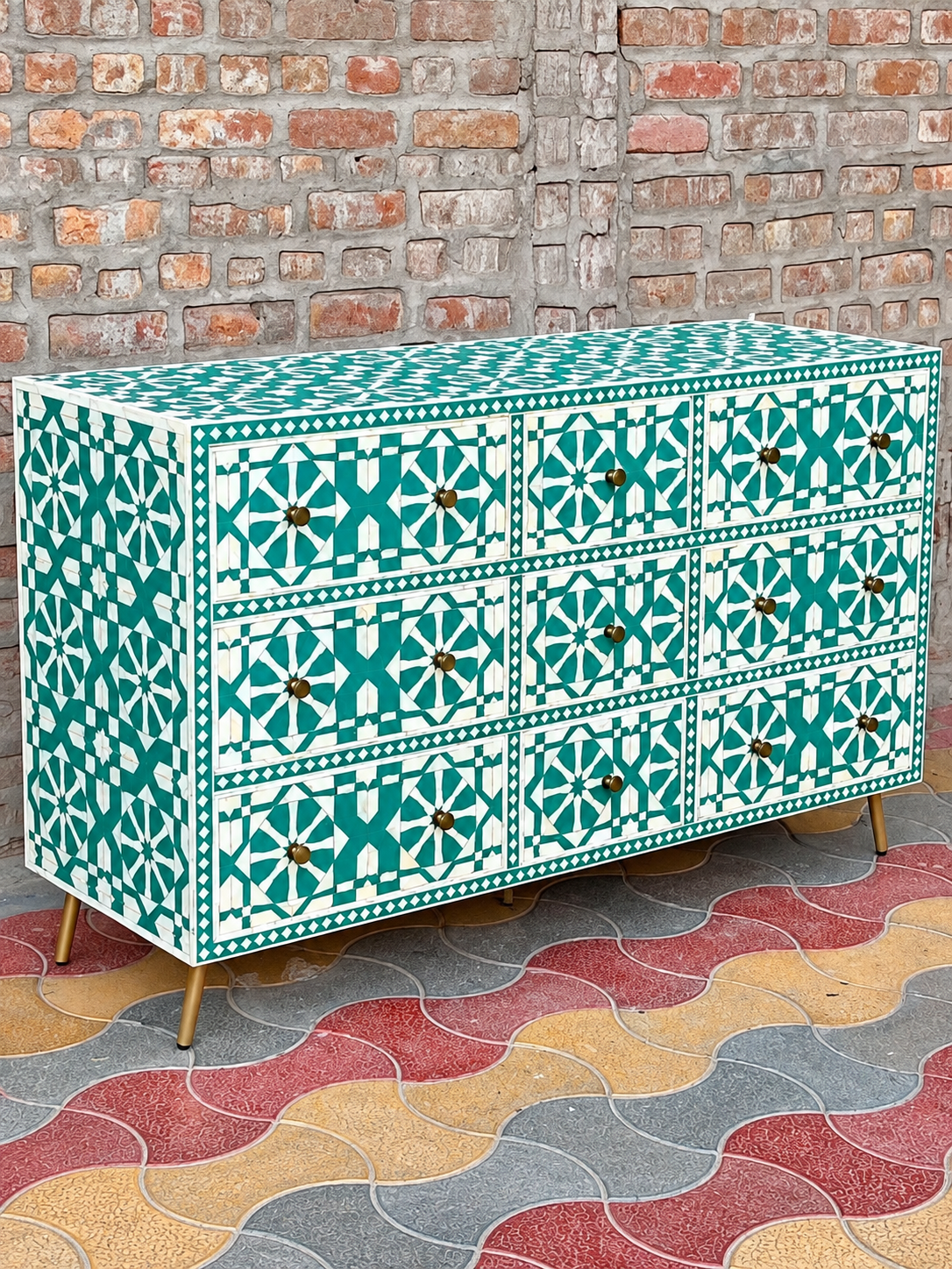Handmade Green & White Bone Inlay 9 Drawer Dresser – Geometric Arrow Design