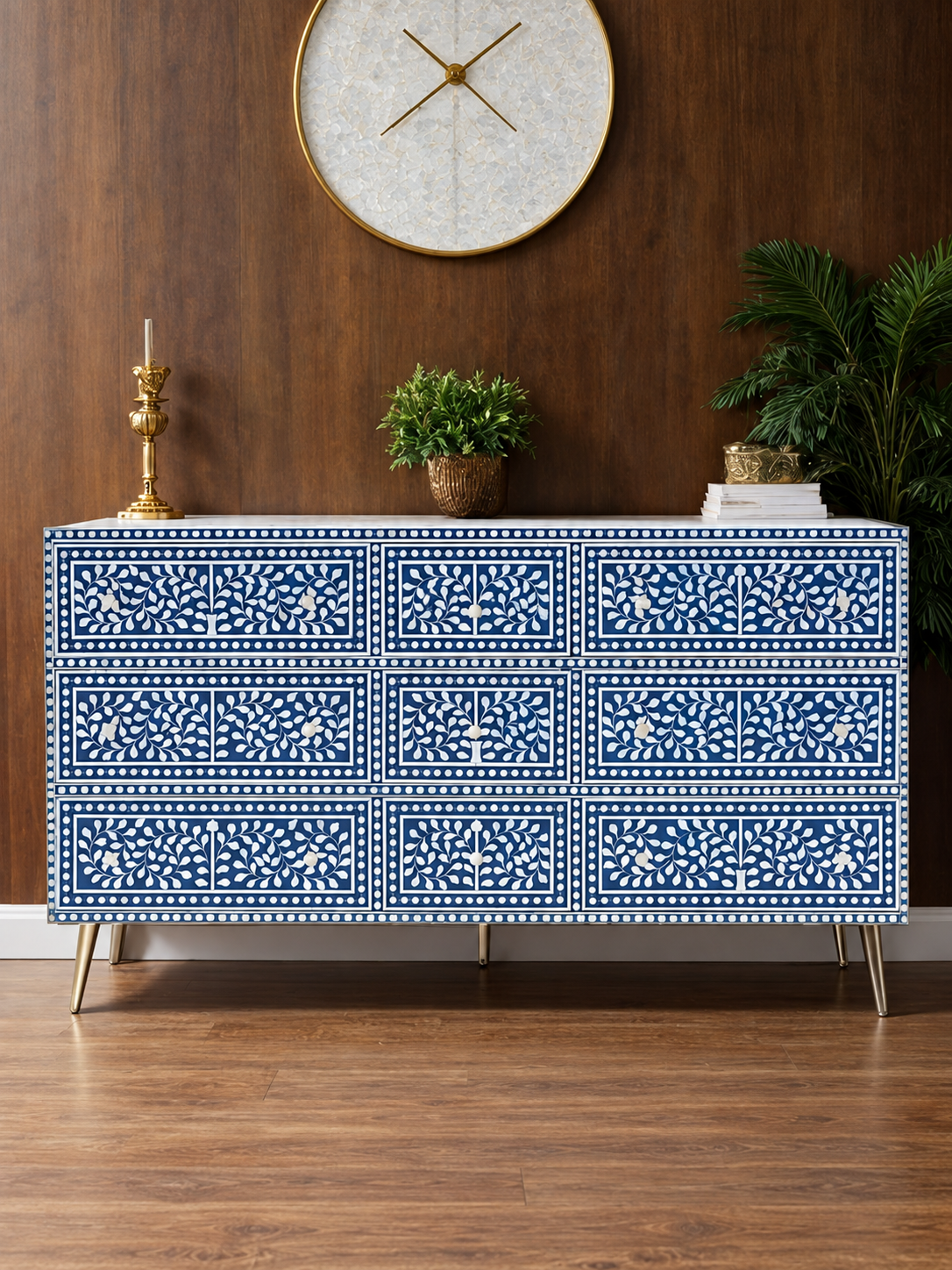 Handmade Blue & White Bone Inlay 9 Drawer Dresser – Floral Vine Design