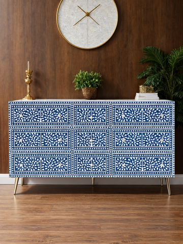 Handmade Blue & White Bone Inlay 9 Drawer Dresser – Floral Vine Design