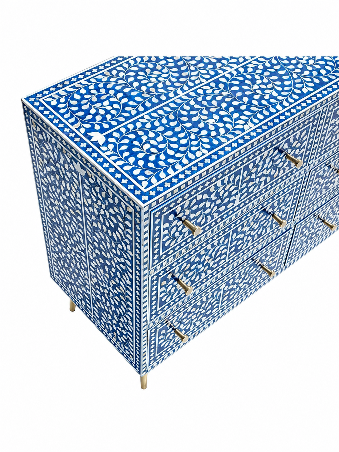 Handmade Blue & White Bone Inlay 9 Drawer Dresser – Floral Vine Design