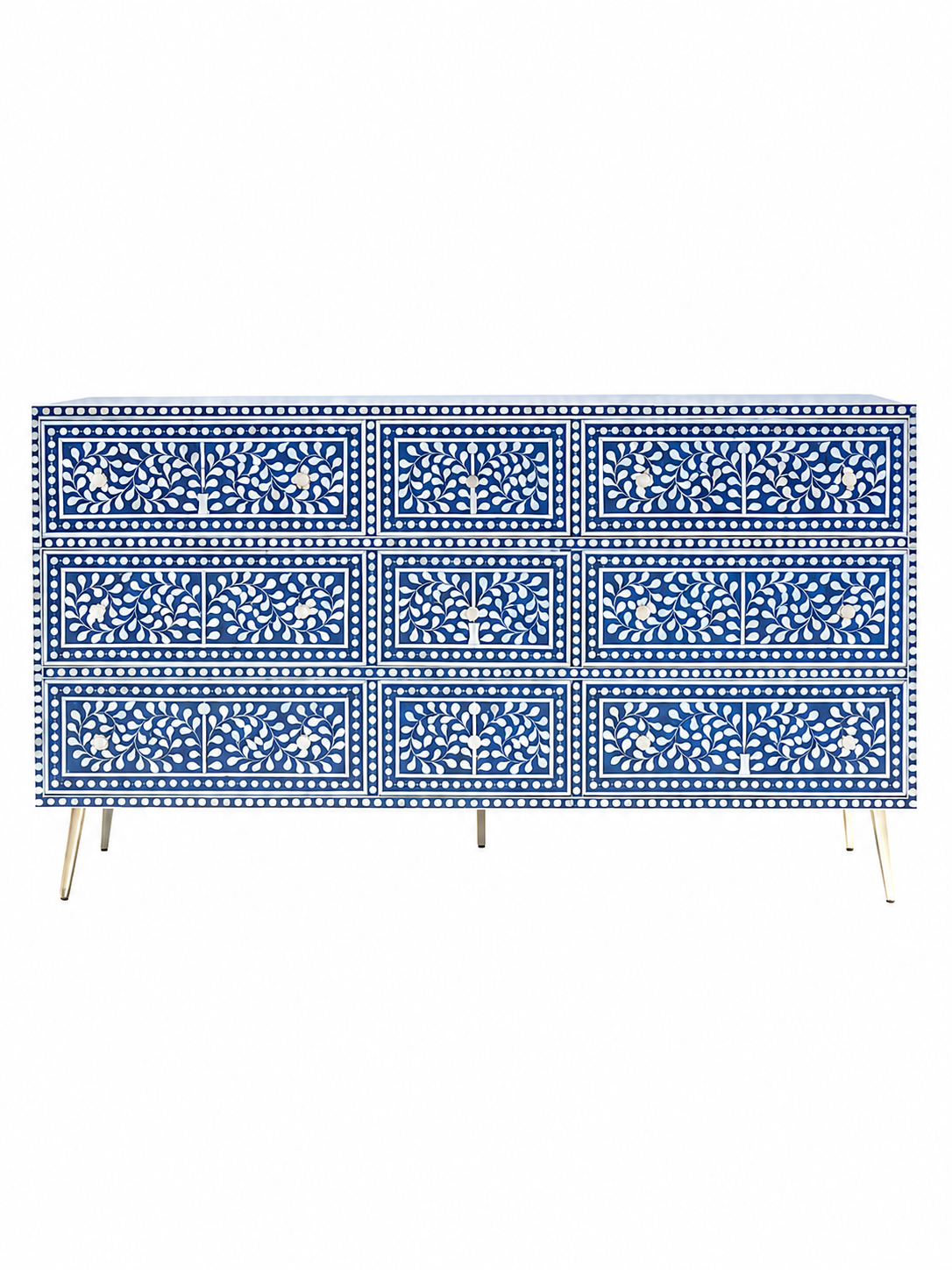 Handmade Blue & White Bone Inlay 9 Drawer Dresser – Floral Vine Design