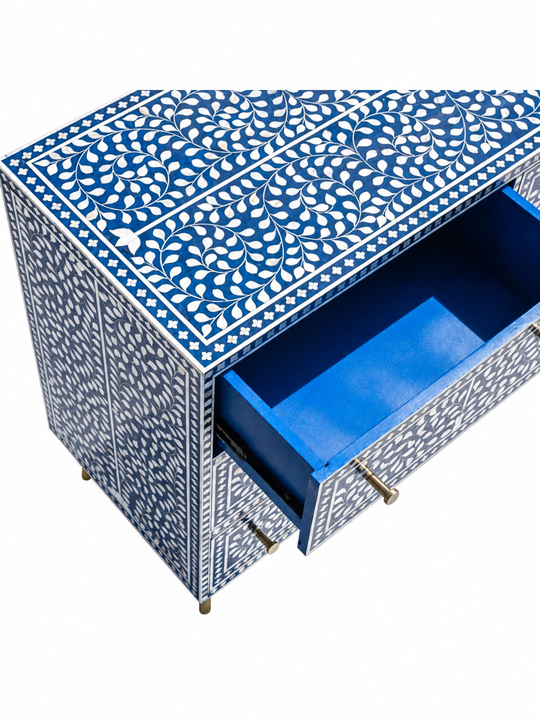 Handmade Blue & White Bone Inlay 9 Drawer Dresser – Floral Vine Design