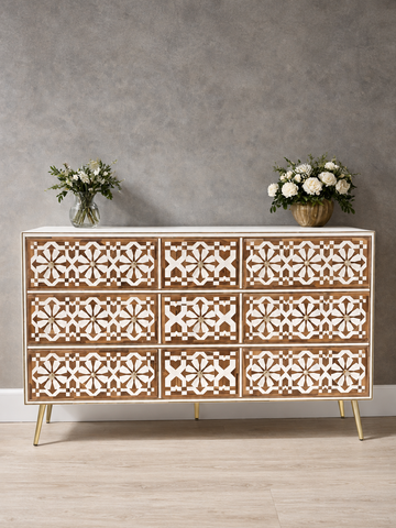 Handmade Brown & White Bone Inlay 9 Drawer Dresser – Geometric Floral Design