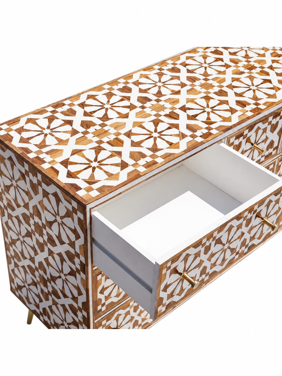 Handmade Brown & White Bone Inlay 9 Drawer Dresser – Geometric Floral Design