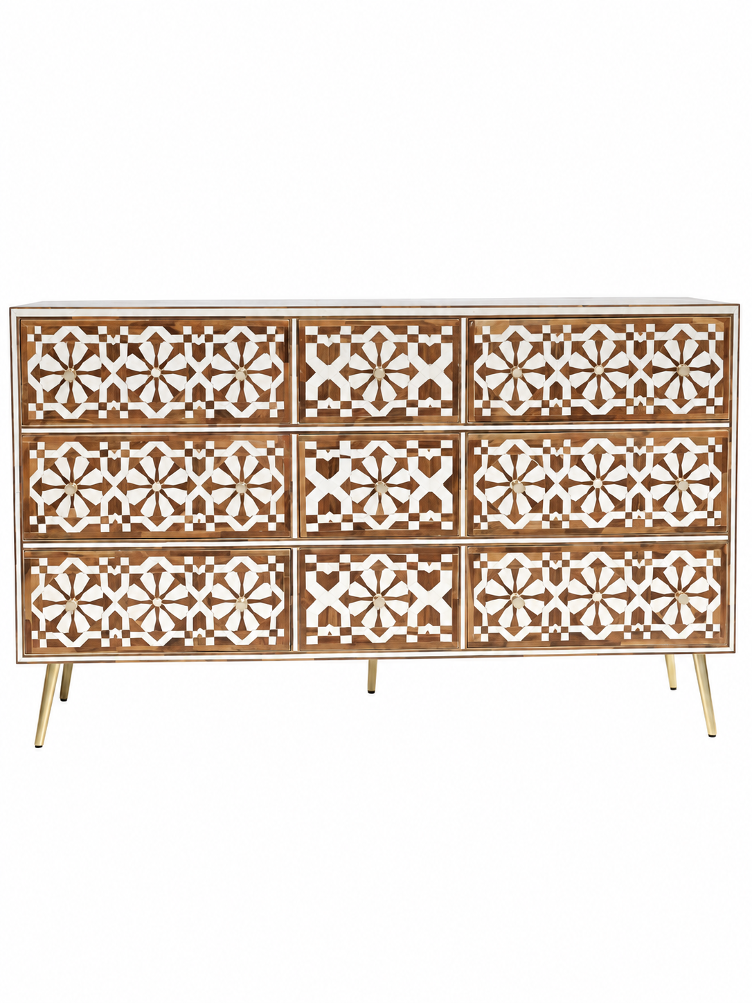 Handmade Brown & White Bone Inlay 9 Drawer Dresser – Geometric Floral Design
