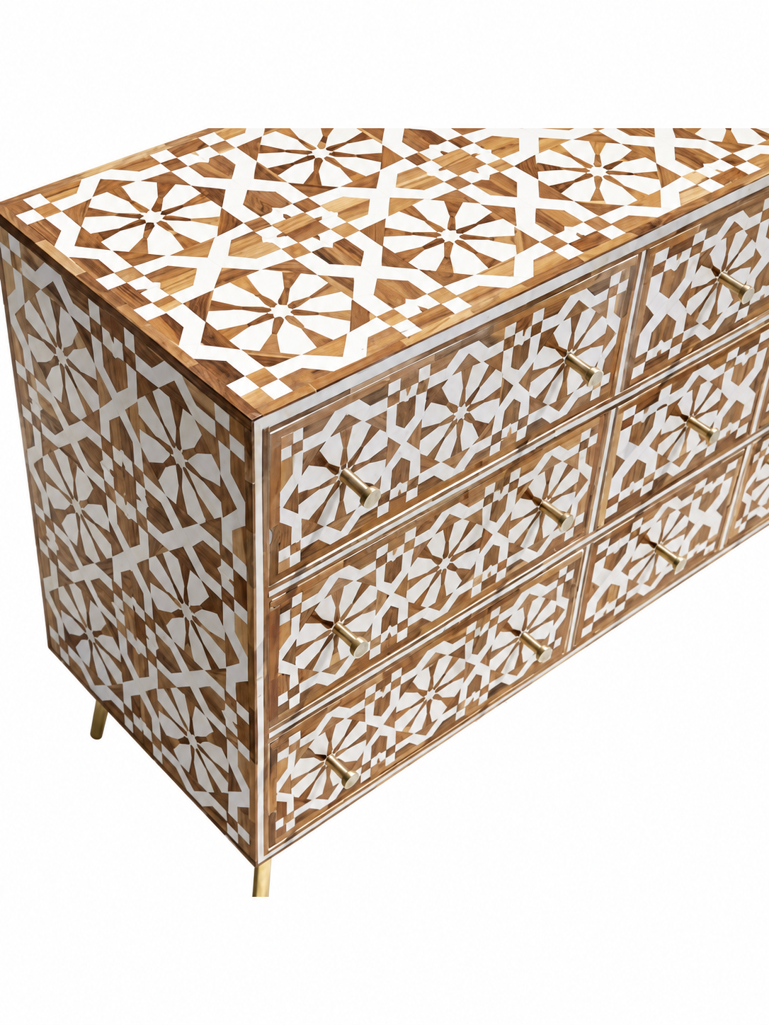Handmade Brown & White Bone Inlay 9 Drawer Dresser – Geometric Floral Design