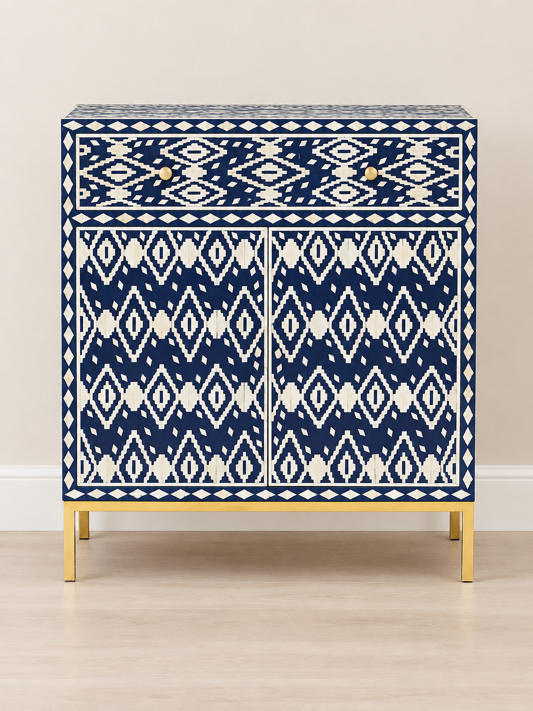Handmade Blue & White Bone Inlay Cabinet – Geometric 2 Door Storage Cupboard