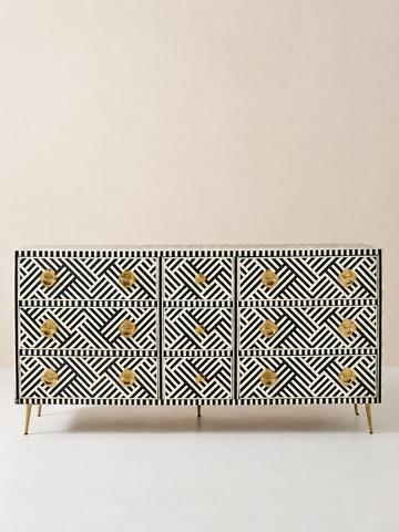 Handmade Black & White Bone Inlay 9 Drawer Dresser – Geometric Design