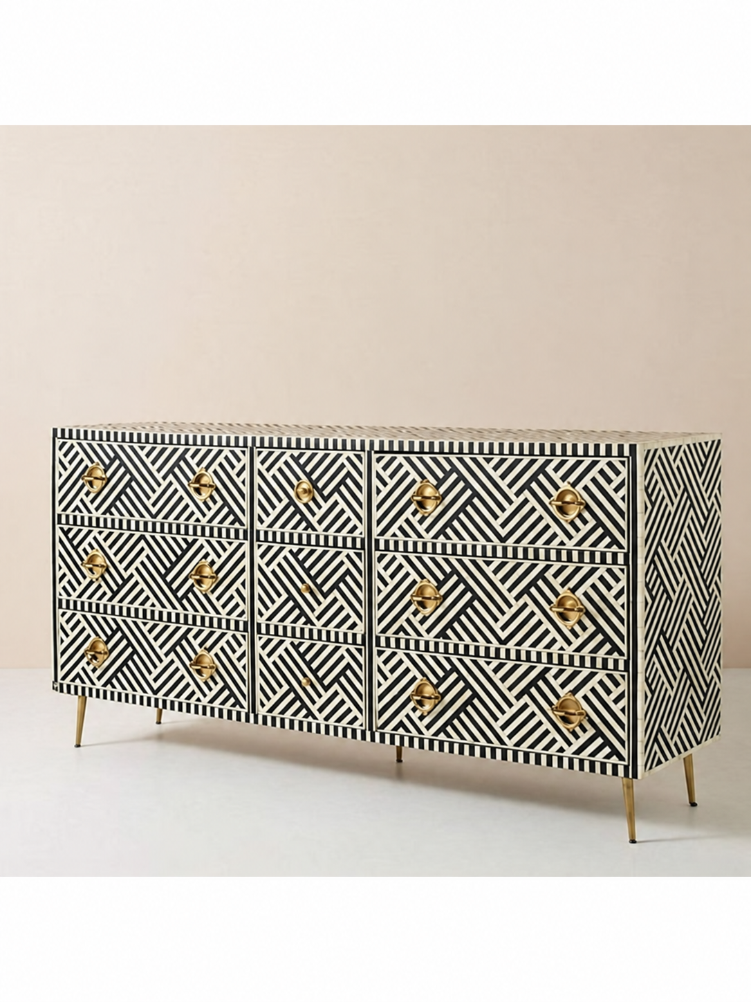 Handmade Black & White Bone Inlay 9 Drawer Dresser – Geometric Design