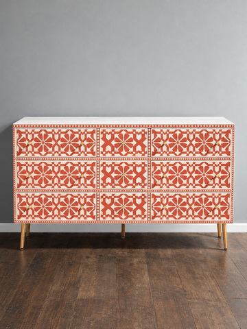 Handmade Orange & White Bone Inlay 9 Drawer Dresser – Geometric Arrow Design