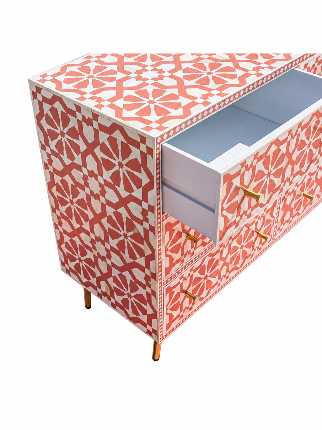 Handmade Orange & White Bone Inlay 9 Drawer Dresser – Geometric Arrow Design