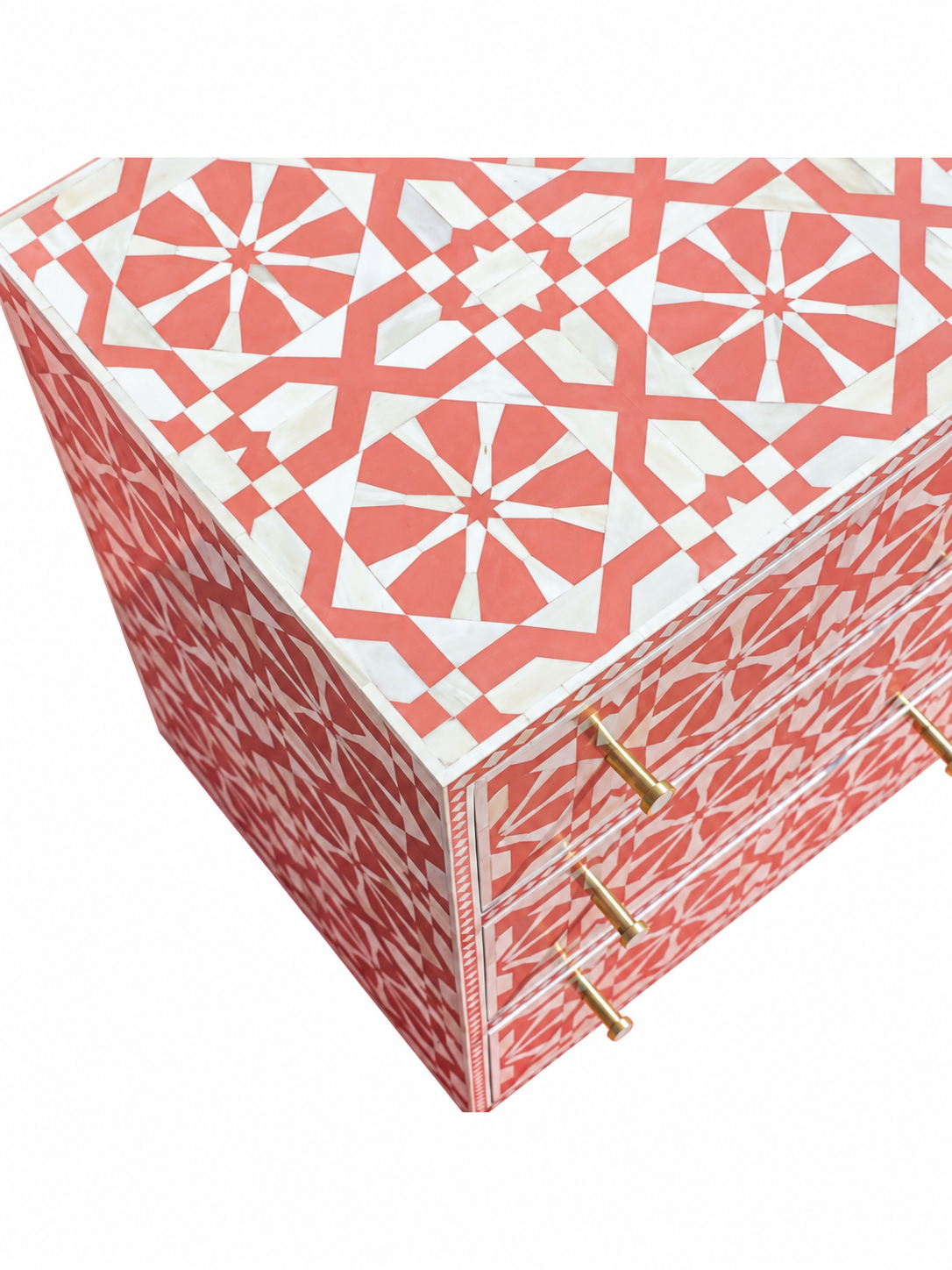Handmade Orange & White Bone Inlay 9 Drawer Dresser – Geometric Arrow Design
