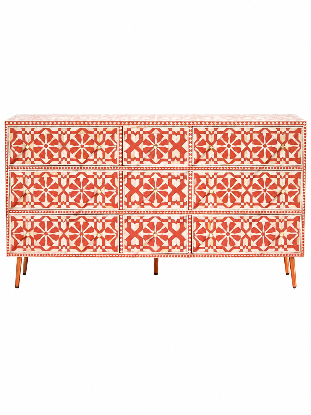 Handmade Orange & White Bone Inlay 9 Drawer Dresser – Geometric Arrow Design