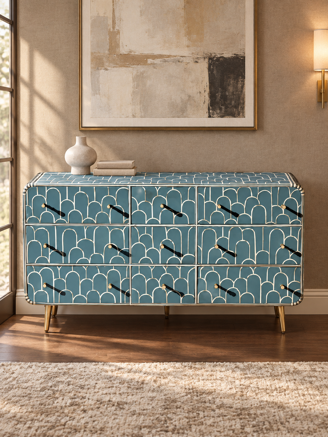 Handmade Blue Bone Inlay 9 Drawer Dresser – Scallop Design Chest of Drawers