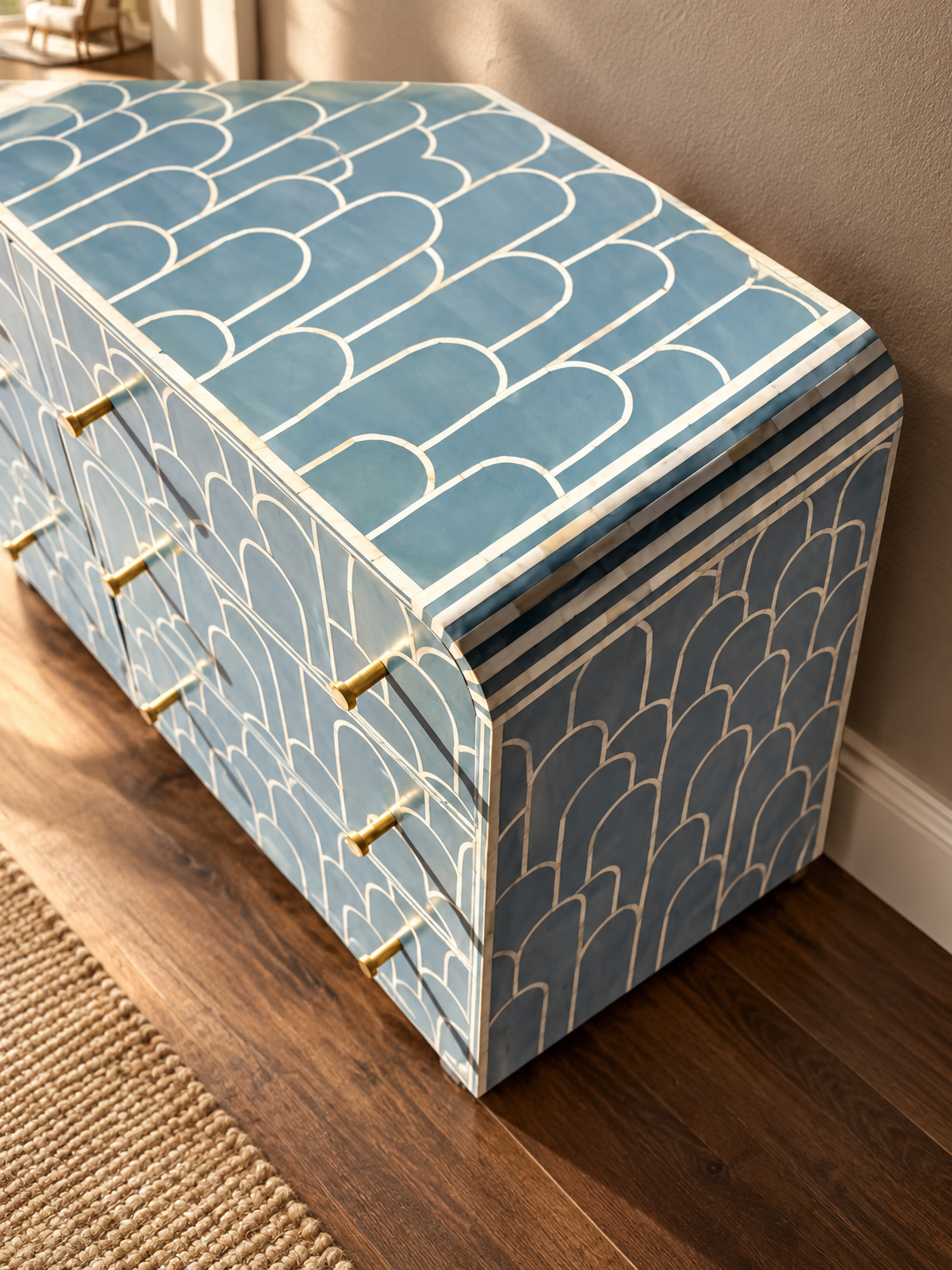 Handmade Blue Bone Inlay 9 Drawer Dresser – Scallop Design Chest of Drawers