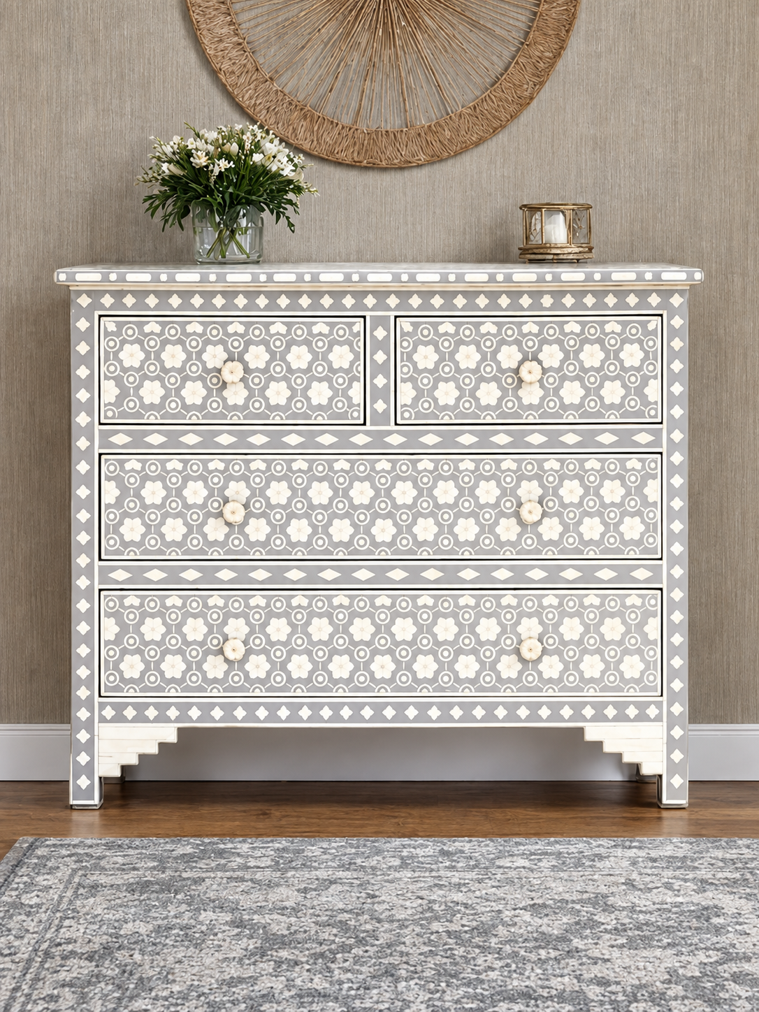 Handmade Grey Bone Inlay Chest of Drawers – Floral Geometric Dresser