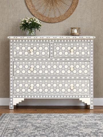 Handmade Grey Bone Inlay Chest of Drawers – Floral Geometric Dresser