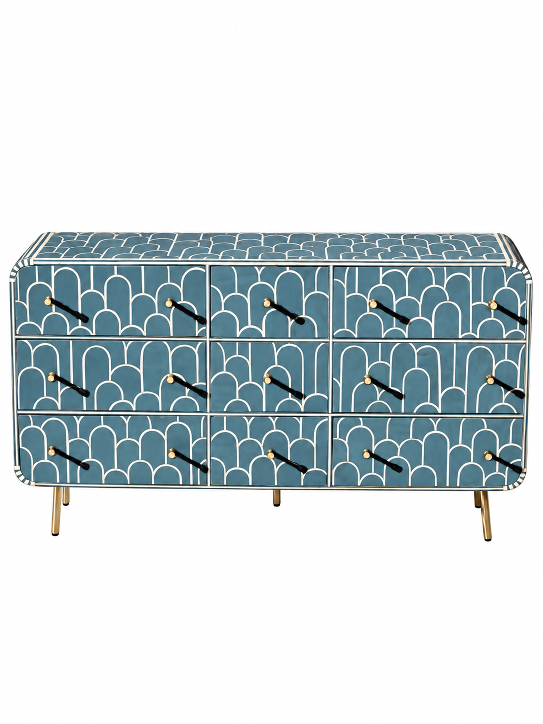 Handmade Blue Bone Inlay 9 Drawer Dresser – Scallop Design Chest of Drawers