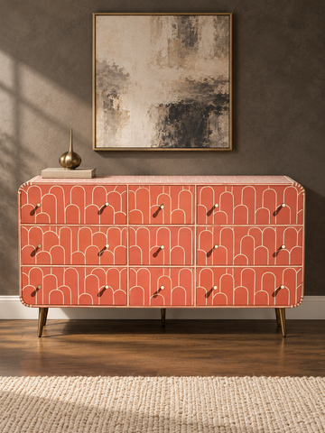 Handmade Orange Bone Inlay 9 Drawer Dresser – Scallop Design Chest of Drawers