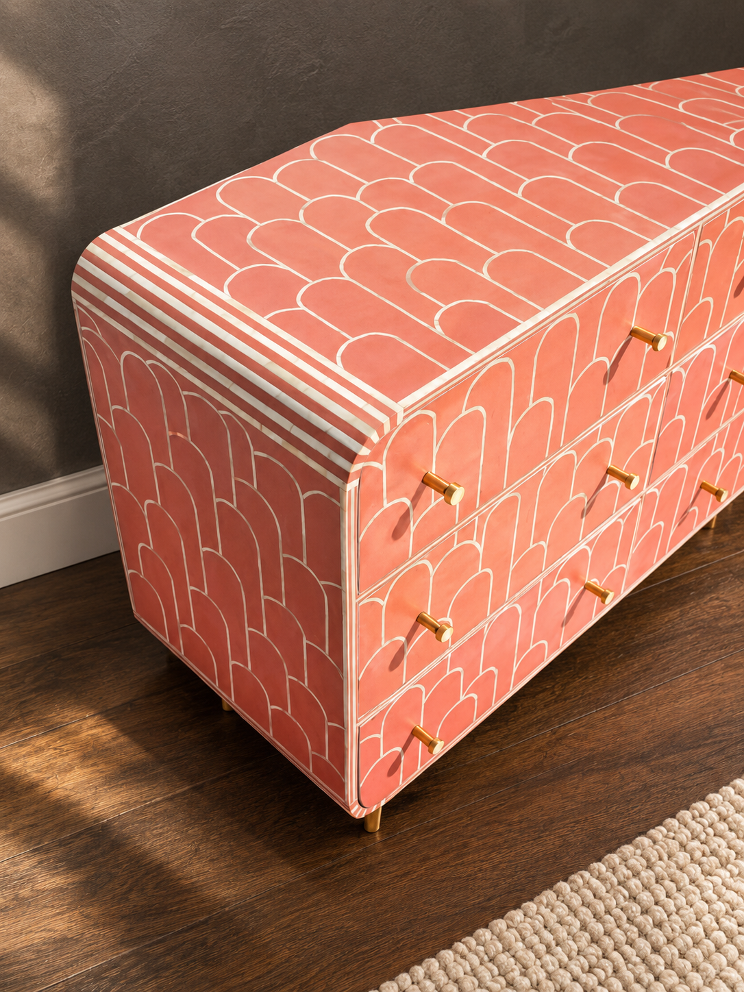 Handmade Orange Bone Inlay 9 Drawer Dresser – Scallop Design Chest of Drawers