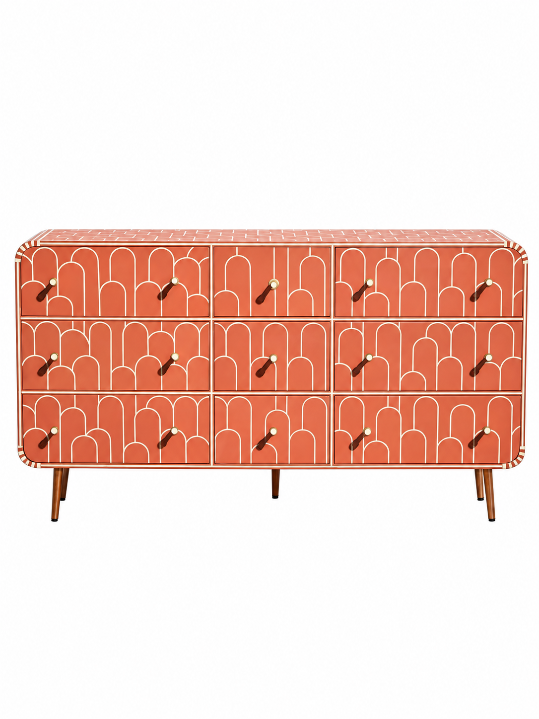 Handmade Orange Bone Inlay 9 Drawer Dresser – Scallop Design Chest of Drawers