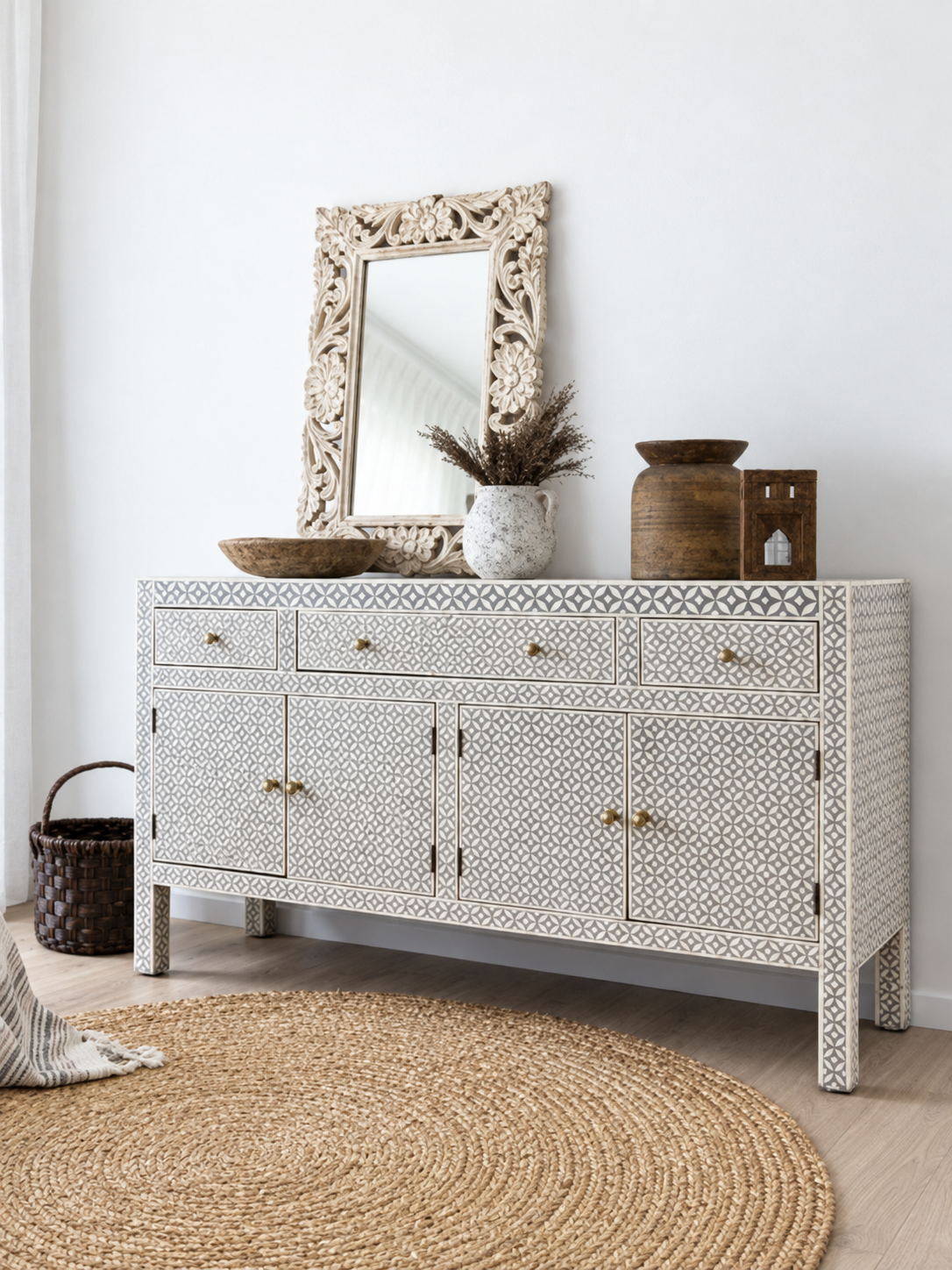 Handmade Grey Bone Inlay Sideboard – Floral Geometric 4 Door Buffet Cabinet