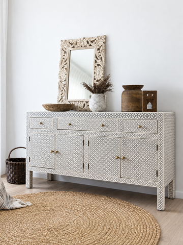 Handmade Grey Bone Inlay Sideboard – Floral Geometric 4 Door Buffet Cabinet