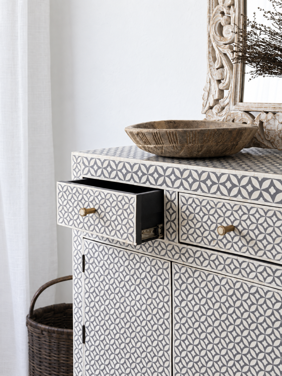 Handmade Grey Bone Inlay Sideboard – Floral Geometric 4 Door Buffet Cabinet