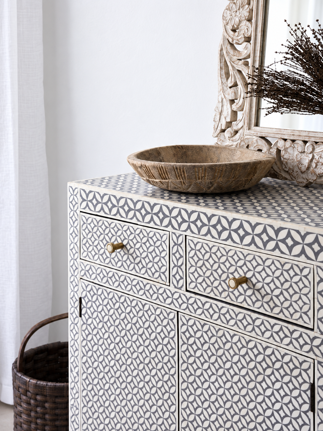 Handmade Grey Bone Inlay Sideboard – Floral Geometric 4 Door Buffet Cabinet