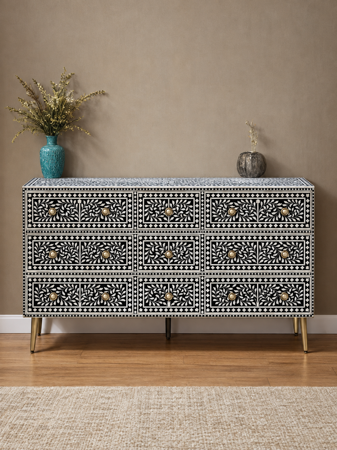 Handmade Black Bone Inlay 9 Drawer Dresser – Floral Vine Design